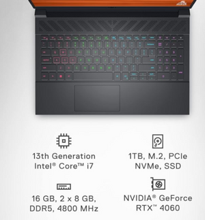 Dell G15 5530 (NBDellG155530I7161TBW) i7-13650HX-4.60GHz, 16GB, 1TB SSD, 15.6" FHD, CAMERA, BT, WIFI, WINDOWS 11